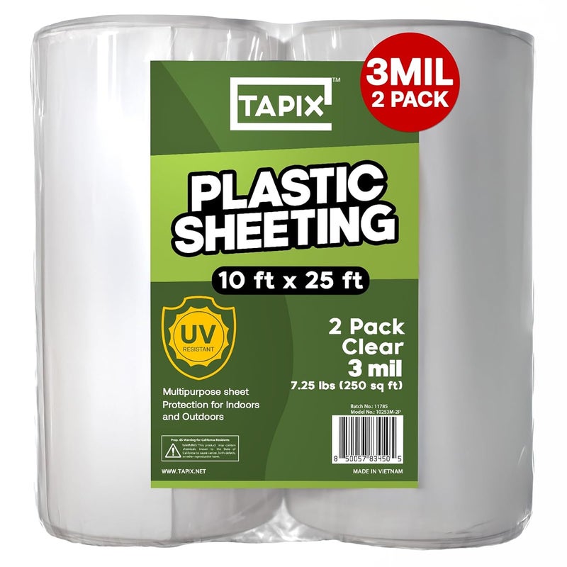 TAPIX Plastic Sheeting (10' x 25') Long, 3 Mil (2 Pack) - UV Protection Poly Sheeting Polyethylene Film, Heavy Duty Greenhouse Plastic Sheeting - Image 1